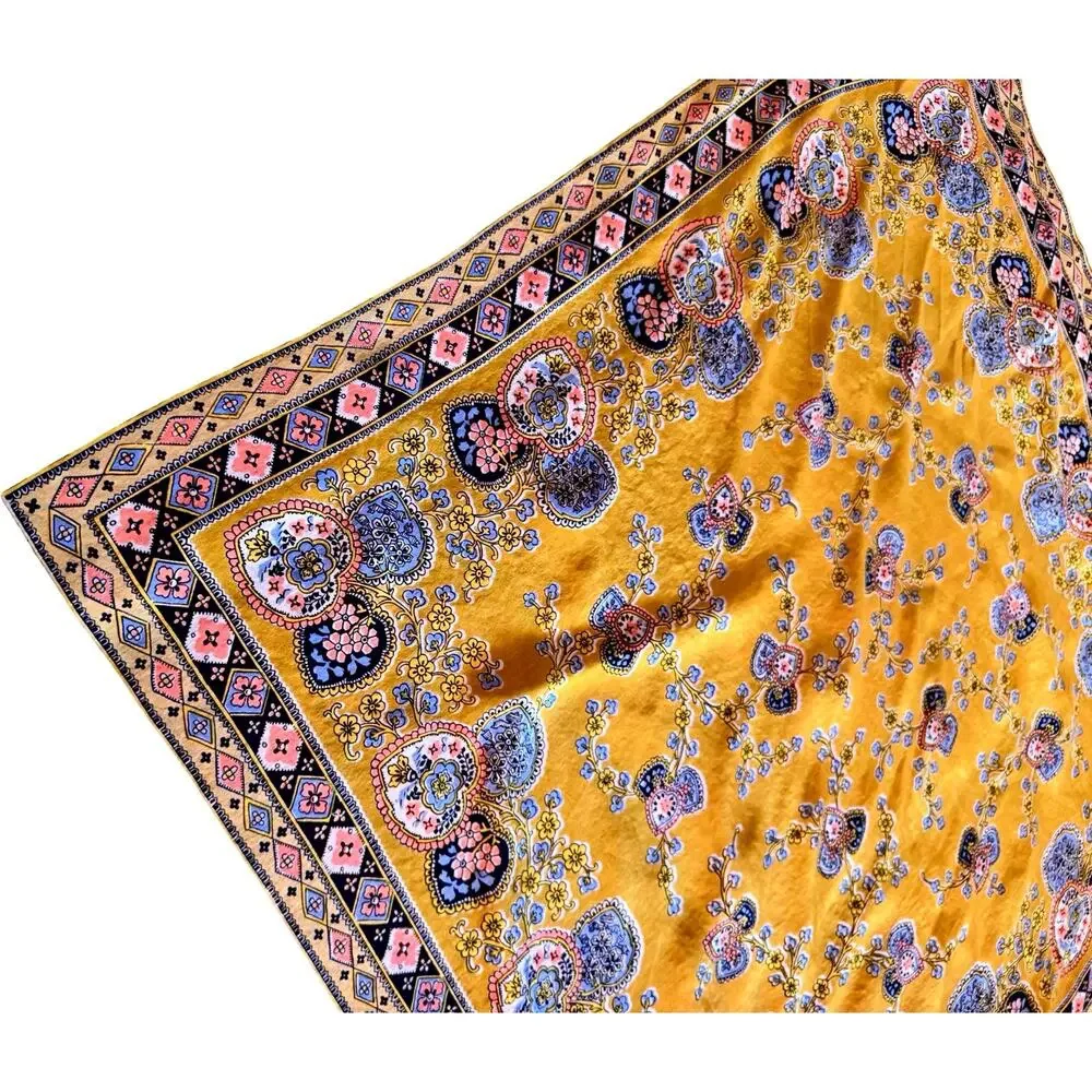 Vintage 1970s Silk Paisley Medallion Scarf Mustard Gold Floral Rolled 30